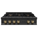 ZLINE Autograph Edition 36 in. Porcelain Rangetop with 6 Gas Burners in Black Stainless Steel and Champagne Bronze Accents (RTBZ-36-CB) front, oven closed.