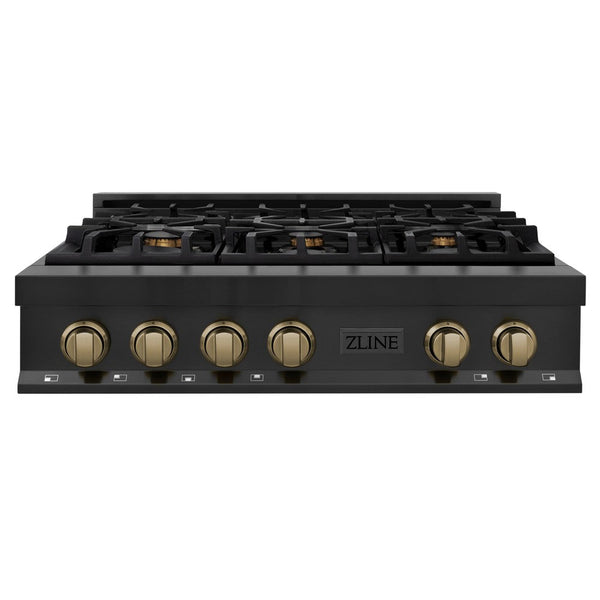 ZLINE Autograph Edition 36 in. Porcelain Rangetop with 6 Gas Burners in Black Stainless Steel and Champagne Bronze Accents (RTBZ-36-CB) front, oven closed.