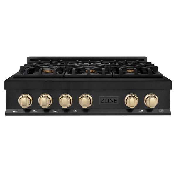 ZLINE Autograph Edition 36 in. Porcelain Rangetop with 6 Gas Burners in Black Stainless Steel and Polished Gold Accents (RTBZ-36-G) front, oven closed.
