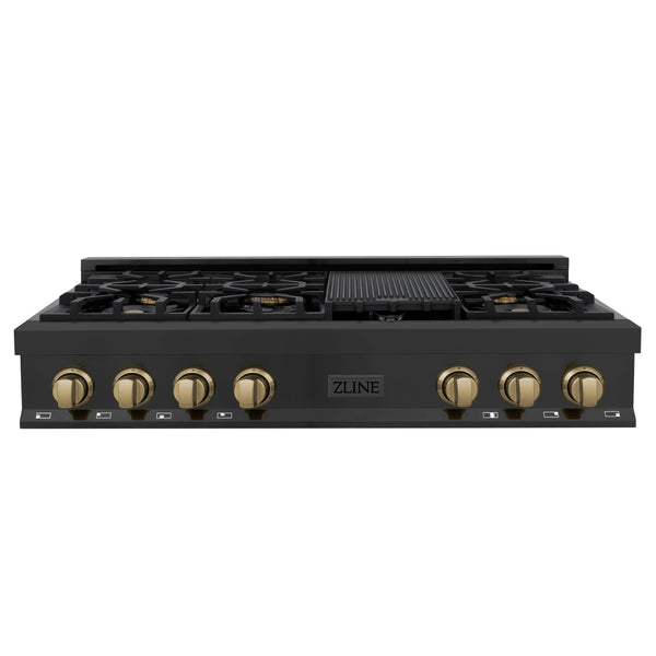 ZLINE Autograph Edition 48 in. Porcelain Rangetop with 7 Gas Burners in Black Stainless Steel and Champagne Bronze Accents (RTBZ-48-CB) front, oven closed.