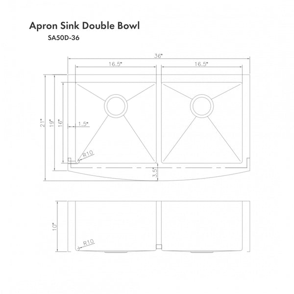 ZLINE 36 in. Niseko Farmhouse Apron Mount Double Bowl Stainless Steel Kitchen Sink with Bottom Grid (SA50D-36)