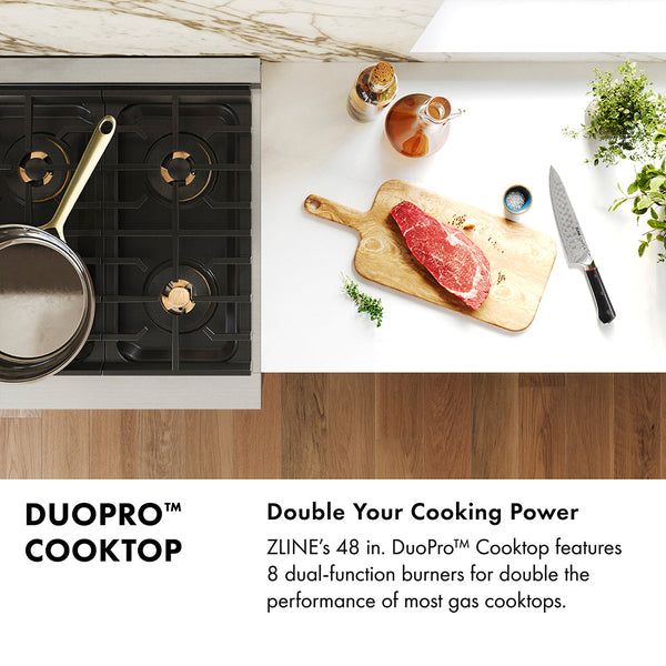 ZLINE Designer Collection 48 in. 6.7 cu. ft. Paramount Dual Fuel Range with 8 Burner DuoPro™ Cooktop and Dual Ovens in Black Satin Stainless Steel with Matte Black and Champagne Bronze Accents (PSDRBSZ-48-MBCB)