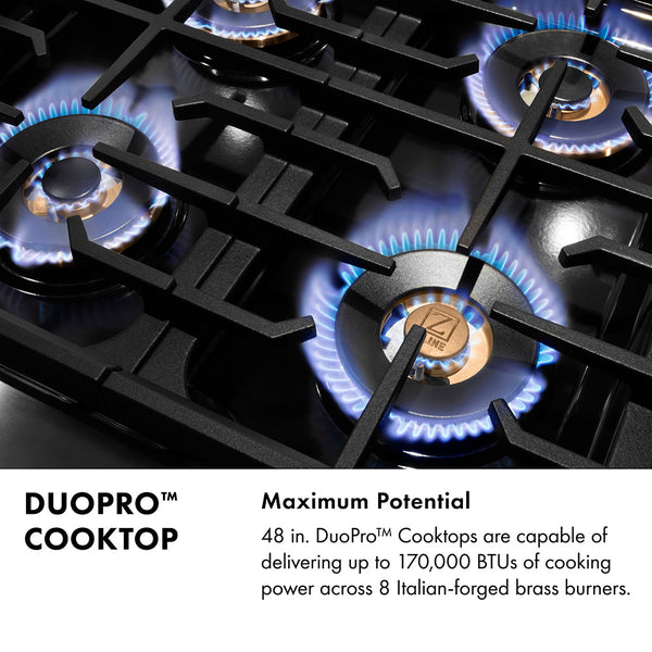ZLINE Designer Collection 48 in. 6.7 cu. ft. Paramount Dual Fuel Range with 8 Burner DuoPro™ Cooktop and Dual Ovens in Black Satin Stainless Steel with Matte Black and Champagne Bronze Accents (PSDRBSZ-48-MBCB)