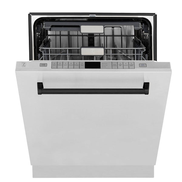 ZLINE Autograph Edition 48 in. Kitchen Package with Stainless Steel Dual Fuel Range, Range Hood, Dishwasher and Refrigeration Including External Water Dispenser with Matte Black Accents (4AKPR-RARHDWM48-MB) 