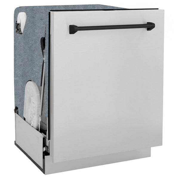 ZLINE Autograph Edition 36 in. Kitchen Package with Stainless Steel Dual Fuel Range, Range Hood, Dishwasher and Refrigerator with Matte Black Accents (4KAPR-RARHDWM36-MB) 