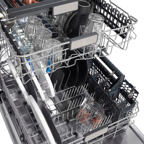 ZLINE Autograph Edition 24 in. Monument Series 3rd Rack Top Touch Control Tall Tub Dishwasher in Black Matte with Champagne Bronze Handle, 45dBa (DWMTZ-BLM-24-CB) close-up, dishes loaded on dish rack.