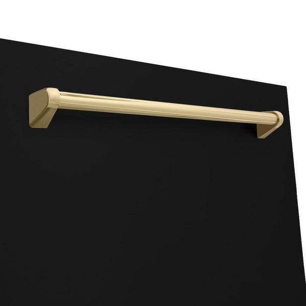 ZLINE Autograph Edition 24 in. Monument Series 3rd Rack Top Touch Control Tall Tub Dishwasher in Black Matte with Champagne Bronze Handle, 45dBa (DWMTZ-BLM-24-CB) close-up, handle on dishwasher exterior.