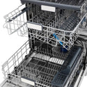 ZLINE Autograph Edition 24 in. Monument Series 3rd Rack Top Touch Control Tall Tub Dishwasher in Black Matte with Polished Gold Handle, 45dBa (DWMTZ-BLM-24-G) adjustable racks extended from above.