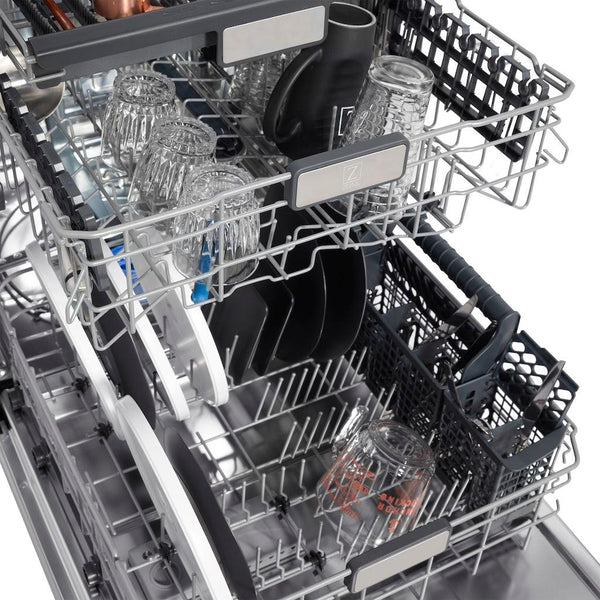 ZLINE Autograph Edition 24 in. Monument Series 3rd Rack Top Touch Control Tall Tub Dishwasher in Black Matte with Polished Gold Handle, 45dBa (DWMTZ-BLM-24-G) close-up, dishes loaded on dish rack.
