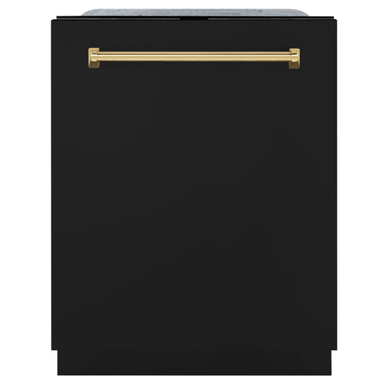ZLINE Autograph Edition 24" Monument Series 3rd Rack Top Touch Control Tall Tub Dishwasher in Black Matte with Polished Gold Handle, 45dBa (DWMTZ-BLM-24-G)