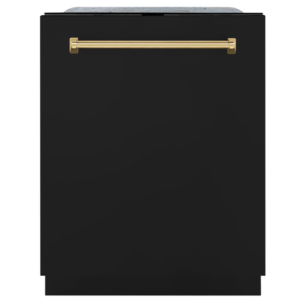ZLINE Autograph Edition 24" Monument Series 3rd Rack Top Touch Control Tall Tub Dishwasher in Black Matte with Polished Gold Handle, 45dBa (DWMTZ-BLM-24-G)