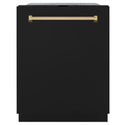 ZLINE Autograph Edition 24 in. Monument Series 3rd Rack Top Touch Control Tall Tub Dishwasher in Black Matte with Polished Gold Handle, 45dBa (DWMTZ-BLM-24-G) front, closed.