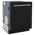 ZLINE Autograph Edition 24 in. Monument Series 3rd Rack Top Touch Control Tall Tub Dishwasher in Black Matte with Polished Gold Handle, 45dBa (DWMTZ-BLM-24-G) side, closed.