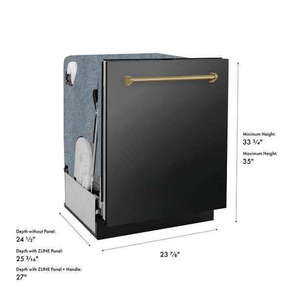 ZLINE Autograph Edition 24 in. Monument Series 3rd Rack Top Touch Control Tall Tub Dishwasher in Black Stainless Steel with Champagne Bronze Handle, 45dBa (DWMTZ-BS-24-CB)