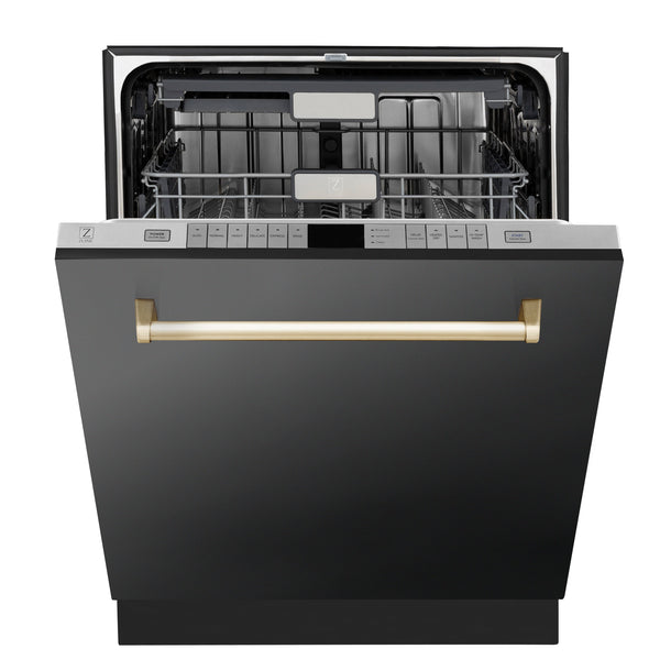 ZLINE Autograph Edition 24" Monument Series 3rd Rack Top Touch Control Tall Tub Dishwasher in Black Stainless Steel with Polished Gold Handle, 45dBa (DWMTZ-BS-24-G)