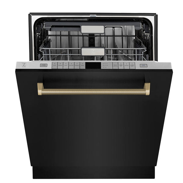 ZLINE Autograph Edition 24 in. Monument Series 3rd Rack Top Touch Control Tall Tub Dishwasher in Black Stainless Steel with Champagne Bronze Helix Handle, 45dBa (DWMTZ-BS-24-KCB)