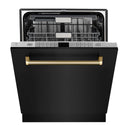 ZLINE Autograph Edition 24 in. Monument Series 3rd Rack Top Touch Control Tall Tub Dishwasher in Black Stainless Steel with Polished Gold Helix Handle, 45dBa (DWMTZ-BS-24-KG)