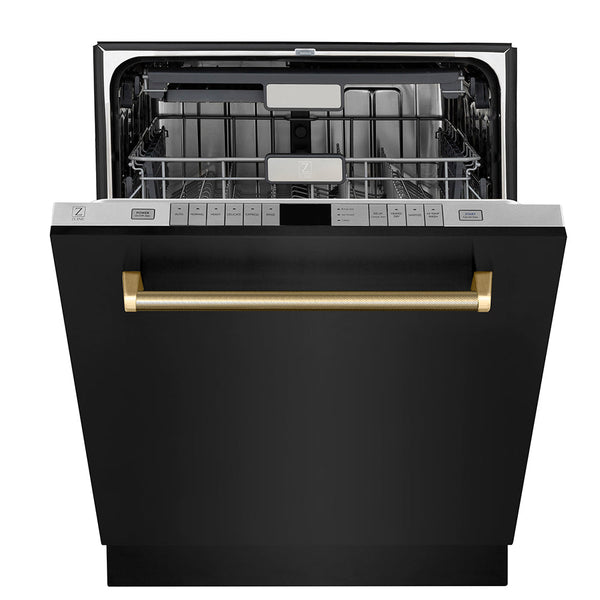 ZLINE Autograph Edition 24 in. Monument Series 3rd Rack Top Touch Control Tall Tub Dishwasher in Black Stainless Steel with Polished Gold Helix Handle, 45dBa (DWMTZ-BS-24-KG)