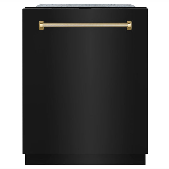 ZLINE Autograph Edition 24 in. Monument Series 3rd Rack Top Touch Control Tall Tub Dishwasher in Black Stainless Steel with Polished Gold Helix Handle, 45dBa (DWMTZ-BS-24-KG)