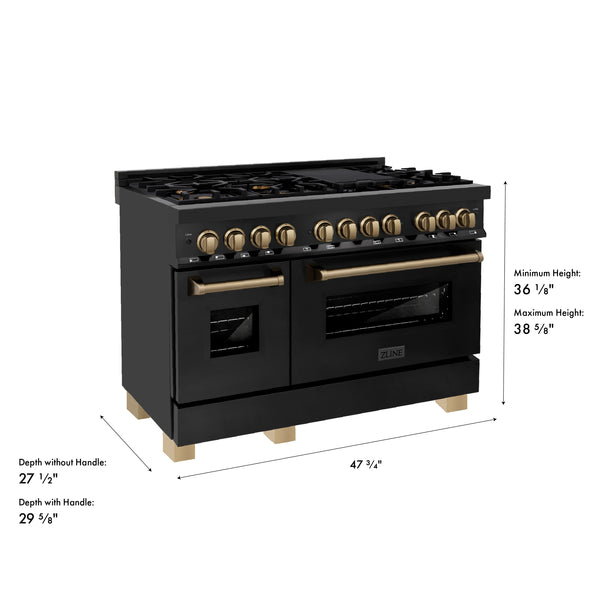 ZLINE Autograph Edition 48 in. 6.0 cu. ft. Legacy Dual Fuel Range with 7 Burner Gas Cooktop and 2 Electric Ovens in Black Stainless Steel and Champagne Bronze Accents (RABZ-48-CB)