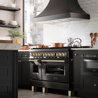 ZLINE Autograph Edition 48 in. 6.0 cu. ft. Legacy Dual Fuel Range with 7 Burner Gas Cooktop and 2 Electric Ovens in Black Stainless Steel and Polished Gold Accents (RABZ-48-G)