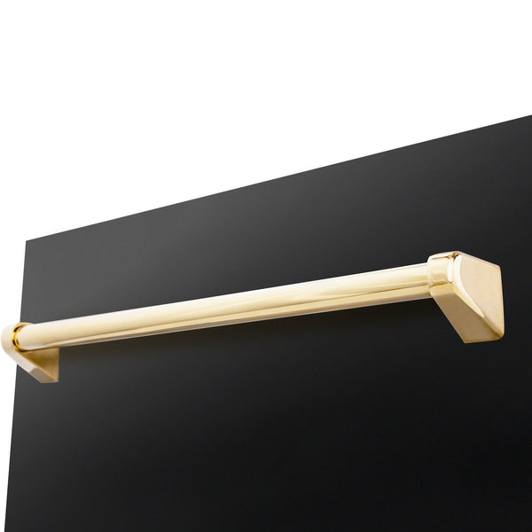 ZLINE Autograph Edition 18 in. Compact 3rd Rack Top Control Dishwasher in Black Stainless Steel with Polished Gold Accent Handle, 51dBa (DWVZ-BS-18-G) close-up, handle on dishwasher exterior.