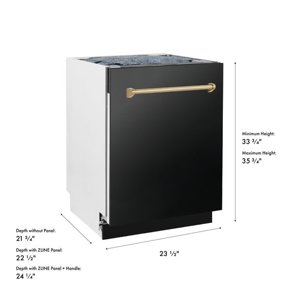 ZLINE Autograph Edition 24 in. Tallac Series 3rd Rack Top Control Built-In Tall Tub Dishwasher in Black Stainless Steel with Champagne Bronze Handle, 51dBa (DWVZ-BS-24-CB)