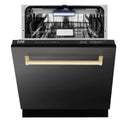 ZLINE Autograph Edition 24 in. Tallac Series 3rd Rack Top Control Built-In Tall Tub Dishwasher in Black Stainless Steel with Champagne Bronze Handle, 51dBa (DWVZ-BS-24-CB)