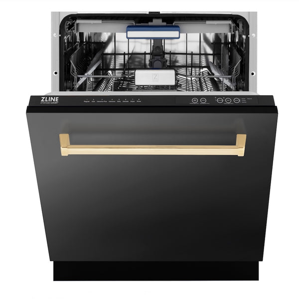 ZLINE Autograph Edition 24 in. Tallac Series 3rd Rack Top Control Built-In Tall Tub Dishwasher in Black Stainless Steel with Champagne Bronze Handle, 51dBa (DWVZ-BS-24-CB)