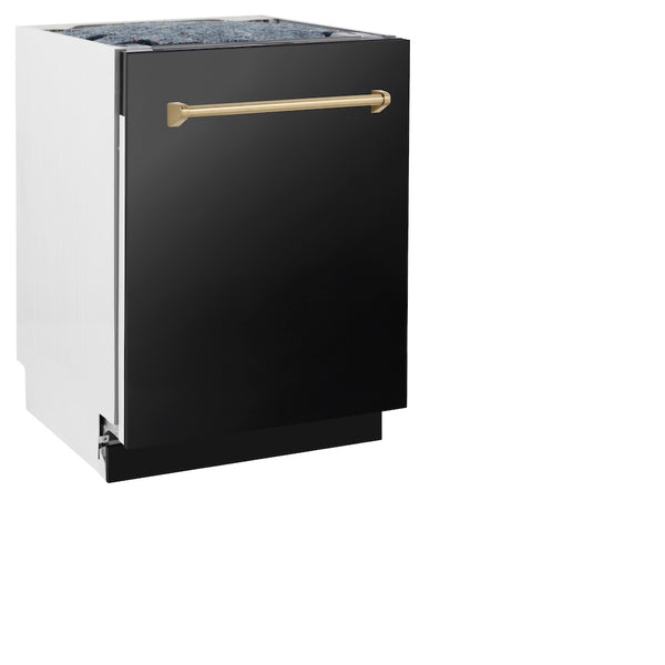 ZLINE Autograph Edition 24 in. Tallac Series 3rd Rack Top Control Built-In Tall Tub Dishwasher in Black Stainless Steel with Champagne Bronze Handle, 51dBa (DWVZ-BS-24-CB)