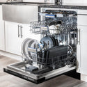 ZLINE Autograph Edition 24 in. 3rd Rack Top Control Tall Tub Dishwasher in Black Stainless Steel with Polished Gold Accent Handle, 51dBa (DWVZ-BS-24-G) in a luxury kitchen from side, open with dishes loaded on all dish racks.