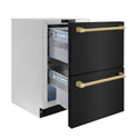 ZLINE Autograph Edition 24 in. Touchstone 168 Can Outdoor-Rated Dual Refrigerator Drawer with Black Stainless Steel Doors and Champagne Bronze Handles (RDSOZ-BS-24-CB)