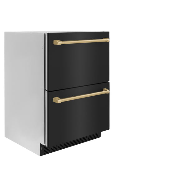 ZLINE Autograph Edition 24 in. Touchstone 168 Can Outdoor-Rated Dual Refrigerator Drawer with Black Stainless Steel Doors and Champagne Bronze Handles (RDSOZ-BS-24-CB)
