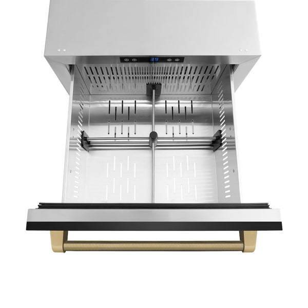 ZLINE Autograph Edition 24 in. Touchstone 168 Can Outdoor-Rated Dual Refrigerator Drawer with Black Stainless Steel Doors and Champagne Bronze Helix Handles (RDSOZ-BS-24-KCB)