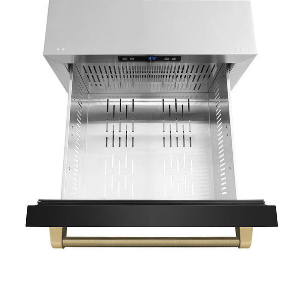ZLINE Autograph Edition 24 in. Touchstone 168 Can Outdoor-Rated Dual Refrigerator Drawer with Black Stainless Steel Doors and Champagne Bronze Helix Handles (RDSOZ-BS-24-KCB)