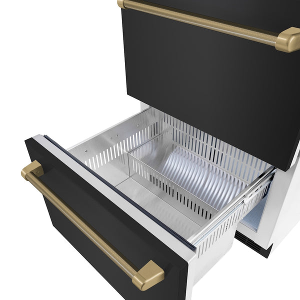 ZLINE Autograph Edition 24 in. Touchstone 168 Can Outdoor-Rated Dual Refrigerator Drawer with Black Stainless Steel Doors and Champagne Bronze Helix Handles (RDSOZ-BS-24-KCB)