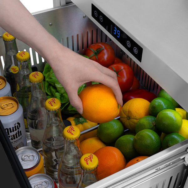 ZLINE Autograph Edition 24 in. Touchstone 168 Can Outdoor-Rated Dual Refrigerator Drawer with Black Stainless Steel Doors and Champagne Bronze Helix Handles (RDSOZ-BS-24-KCB)