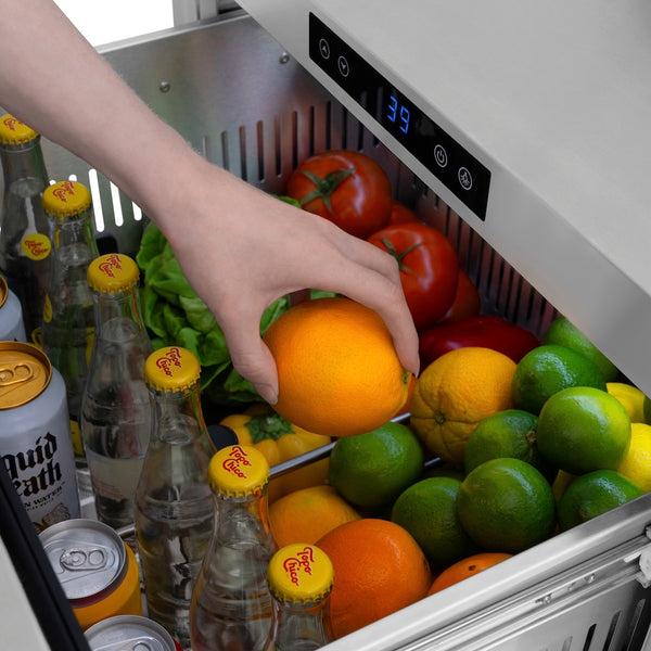 ZLINE Autograph Edition 24 in. Touchstone 168 Can Outdoor-Rated Dual Refrigerator Drawer with Black Stainless Steel Doors and Champagne Bronze Helix Handles (RDSOZ-BS-24-KCB)