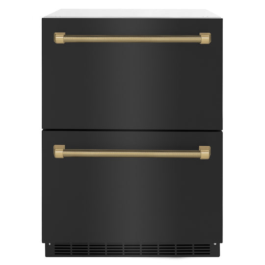 ZLINE Autograph Edition 24 in. Touchstone 168 Can Outdoor-Rated Dual Refrigerator Drawer with Black Stainless Steel Doors and Champagne Bronze Helix Handles (RDSOZ-BS-24-KCB)