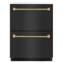 ZLINE Autograph Edition 24 in. Touchstone 168 Can Outdoor-Rated Dual Refrigerator Drawer with Black Stainless Steel Doors and Champagne Bronze Helix Handles (RDSOZ-BS-24-KCB)