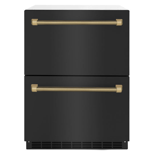 ZLINE Autograph Edition 24 in. Touchstone 168 Can Outdoor-Rated Dual Refrigerator Drawer with Black Stainless Steel Doors and Champagne Bronze Helix Handles (RDSOZ-BS-24-KCB)