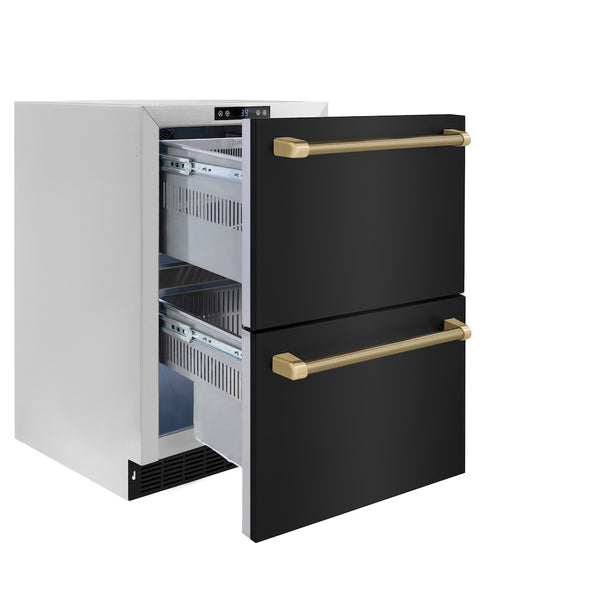 ZLINE Autograph Edition 24 in. Touchstone 168 Can Outdoor-Rated Dual Refrigerator Drawer with Black Stainless Steel Doors and Champagne Bronze Helix Handles (RDSOZ-BS-24-KCB)