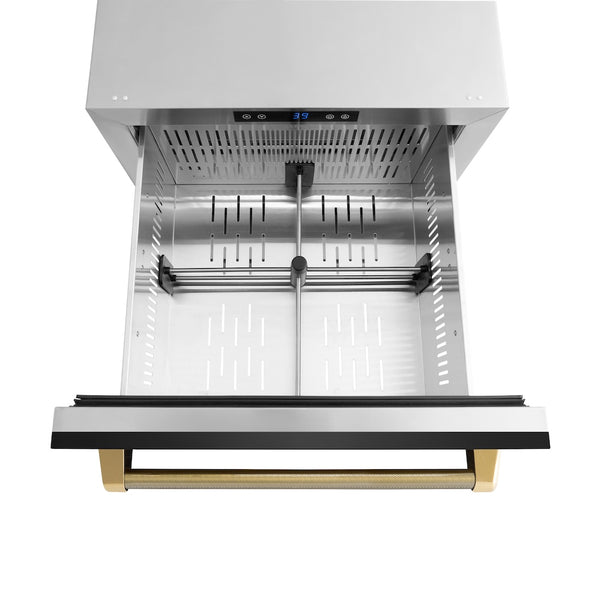 ZLINE Autograph Edition 24 in. Touchstone 168 Can Outdoor-Rated Dual Refrigerator Drawer with Black Stainless Steel Doors and Polished Gold Helix Handles (RDSOZ-BS-24-KG)