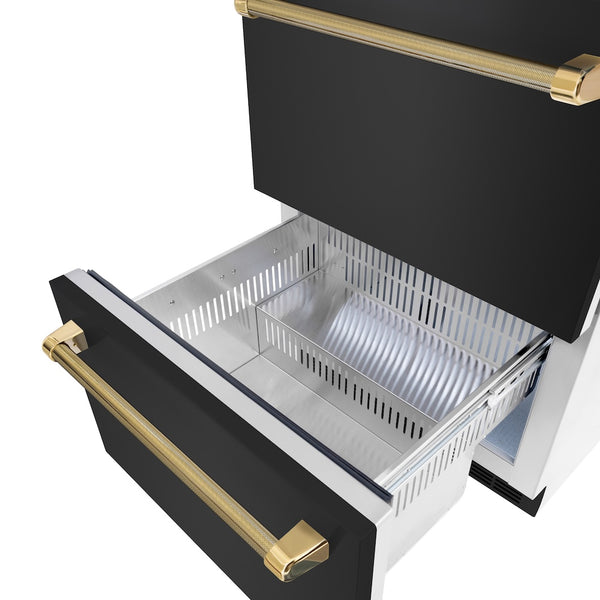 ZLINE Autograph Edition 24 in. Touchstone 168 Can Outdoor-Rated Dual Refrigerator Drawer with Black Stainless Steel Doors and Polished Gold Helix Handles (RDSOZ-BS-24-KG)