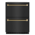 ZLINE Autograph Edition 24 in. Touchstone 168 Can Outdoor-Rated Dual Refrigerator Drawer with Black Stainless Steel Doors and Polished Gold Helix Handles (RDSOZ-BS-24-KG)