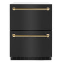 ZLINE Autograph Edition 24 in. Touchstone 168 Can Outdoor-Rated Dual Refrigerator Drawer with Black Stainless Steel Doors and Polished Gold Helix Handles (RDSOZ-BS-24-KG)