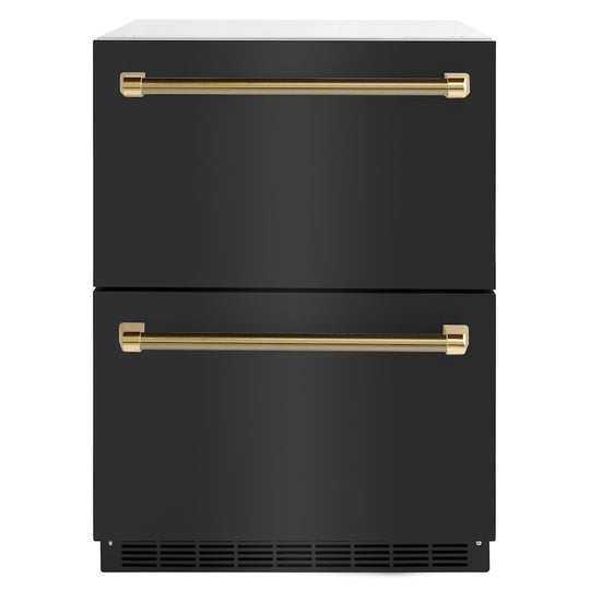 ZLINE Autograph Edition 24 in. Touchstone 168 Can Outdoor-Rated Dual Refrigerator Drawer with Black Stainless Steel Doors and Polished Gold Helix Handles (RDSOZ-BS-24-KG)