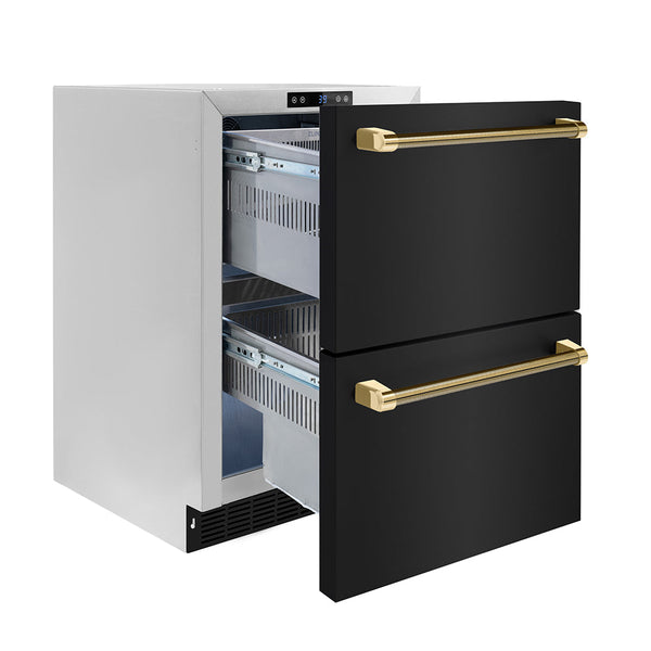 ZLINE Autograph Edition 24 in. Touchstone 168 Can Outdoor-Rated Dual Refrigerator Drawer with Black Stainless Steel Doors and Polished Gold Helix Handles (RDSOZ-BS-24-KG)