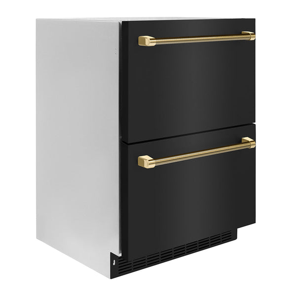 ZLINE Autograph Edition 24 in. Touchstone 168 Can Outdoor-Rated Dual Refrigerator Drawer with Black Stainless Steel Doors and Polished Gold Helix Handles (RDSOZ-BS-24-KG)