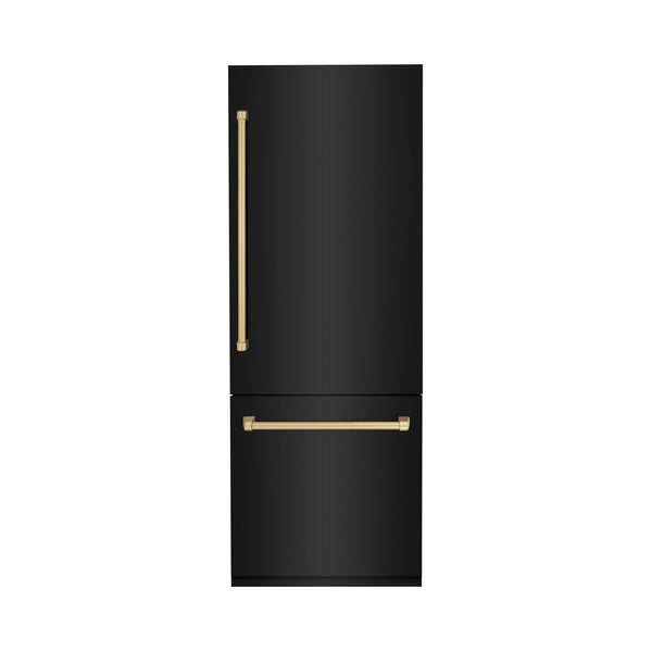 ZLINE Autograph Edition 30 in. 16.1 cu. ft. Built-In Bottom Freezer Refrigerator with Water Dispenser and Ice Maker in Black Stainless Steel with Champagne Bronze Accents (RBIVZ-BS-30-CB)